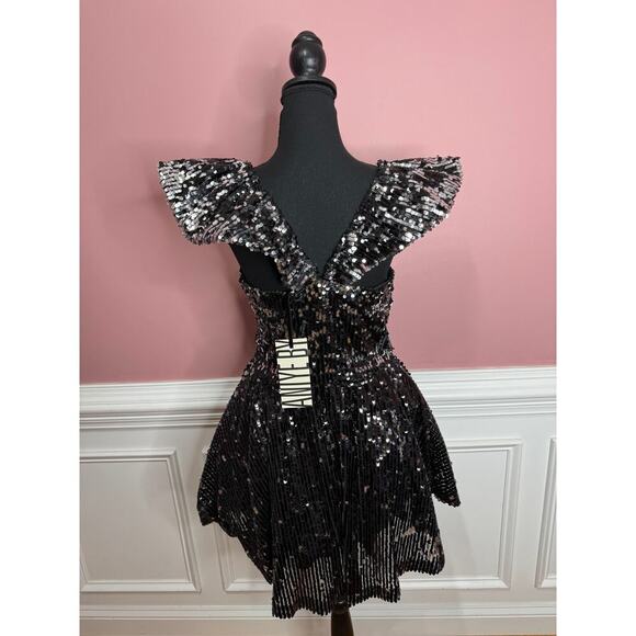 Aniye By Gemma Sequin Mini Dress in Black Medium Flutter Sleeve Ruffle Lined - Picture 3 of 6